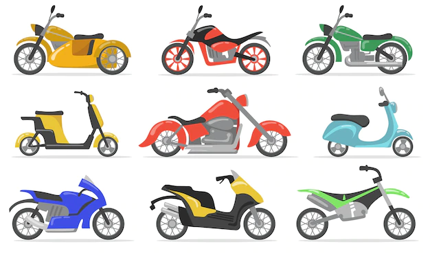 Free Vector | Various motorbikes flat item set. cartoon motorcycles, moto cycles, scooters and bikes isolated vector illustration collection. transportation and delivery concept