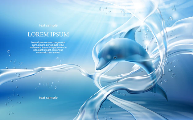 Free Vector | Vector banner with flows, bubbles of crystal clear water and dolphin on light blue background