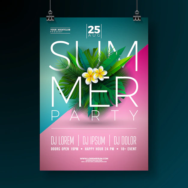 Free Vector | Vector summer party flyer design with flower and tropical palm leaves