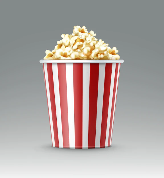 Free Vector | Vector white and red striped bucket of popcorn kernels close up side view isolated on gray background