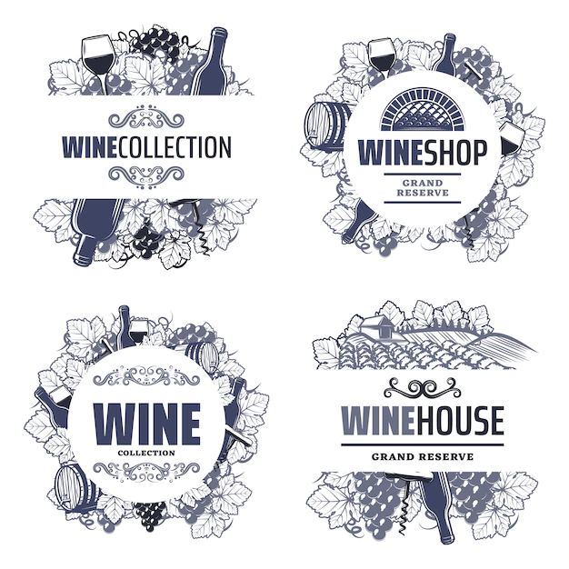Free Vector | Vintage traditional wine templates with inscriptions bottles wineglasses bunch of grapes barrel vineyard corkscrew isolated