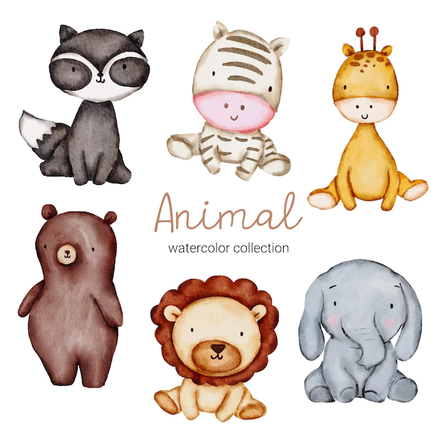 Free Vector | Water color cartoon animal set for stickers and emoji avatars of tropical and forest characters isolated on white background. cute animals raccon, elephant, lion, bear, zebra, giraffe character