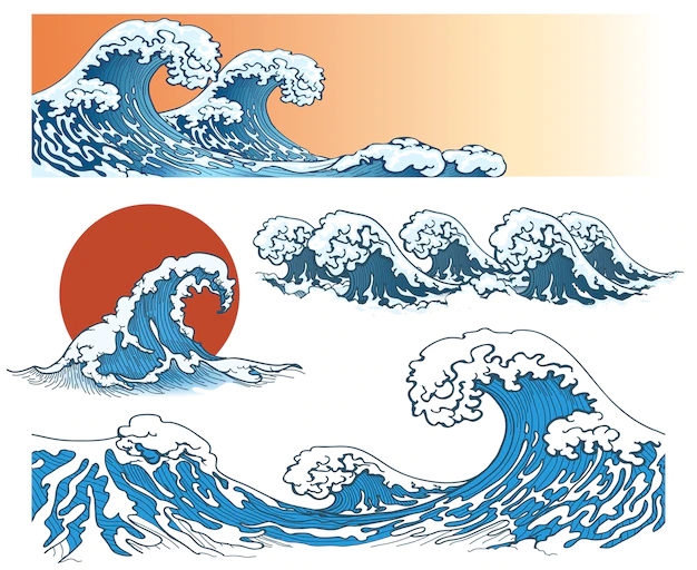 Free Vector | Waves in japanese style. sea wave, ocean wave splash, storm wave. vector illustration