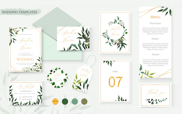 Free Vector | Wedding floral gold invitation card envelope save the date rsvp menu table label design with green tropical leaf herbs eucalyptus wreath frame. botanical decorative vector template watercolor style