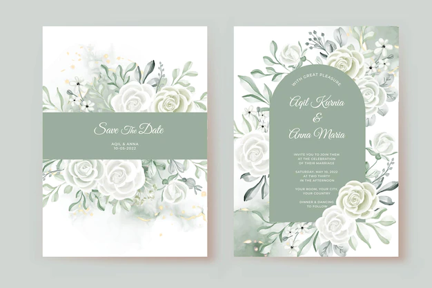 Free Vector | Wedding invitation template with rose white and greenery leaves watercolor
