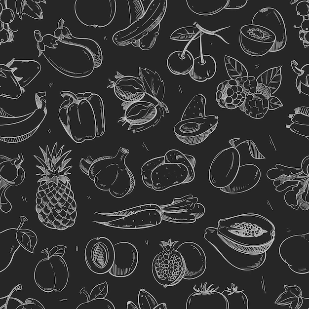 Free Vector | White doodle vegetables and fruits isolated on blackboard seamless  pattern.