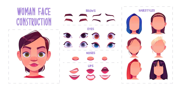 Free Vector | Woman face construction, avatar creation with different head parts on white