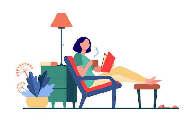 Free Vector | Woman relaxing at home. girl drinking hot tea, reading book in armchair flat vector illustration. leisure, evening, literature