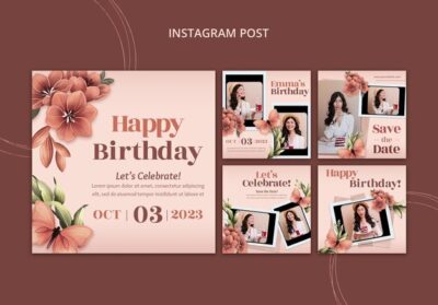 Free PSD | Floral instagram posts collection for birthday celebration