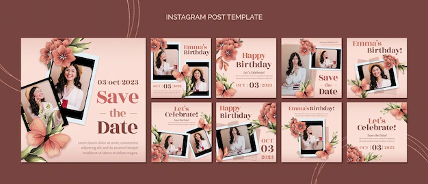 Free PSD | Floral instagram posts collection for birthday celebration