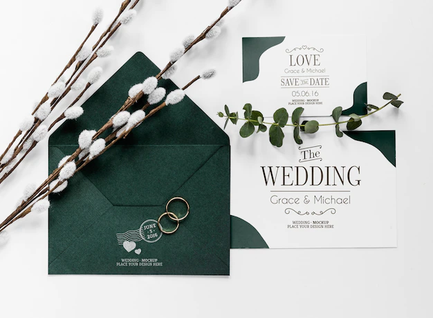 Free PSD | Top view of wedding cards with envelope and rings