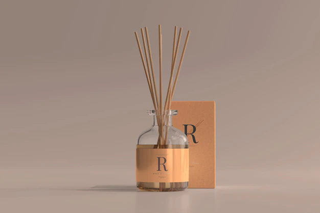 Free PSD | Incense air freshener reed diffuser glass bottle with box mockup