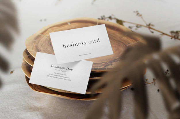 Free PSD | Clean minimal business card mockup floating on wooden plate