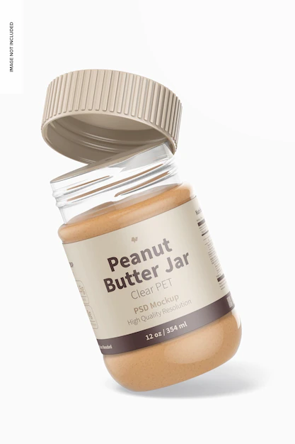 Free PSD | 12 oz clear pet peanut butter jar mockup, leaned