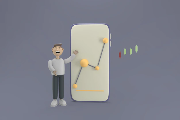 Free PSD | 3d character financial investor man with trending financial and stock charts in a mobile application