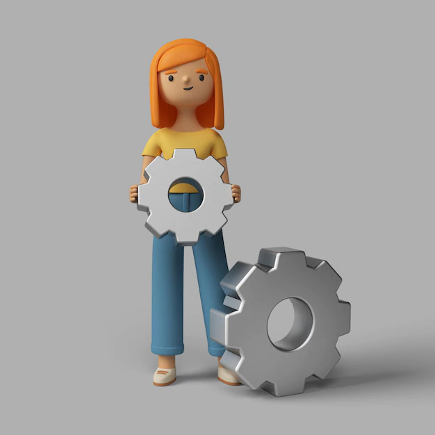 Free PSD | 3d female character with gear wheels
