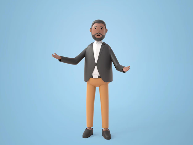 Free PSD | 3d illustration cartoon character beard businessman standing and open his arm during talking