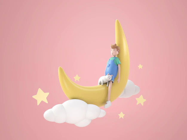 Free PSD | 3d illustration character cute boy sleeping on the moon with cat rendering