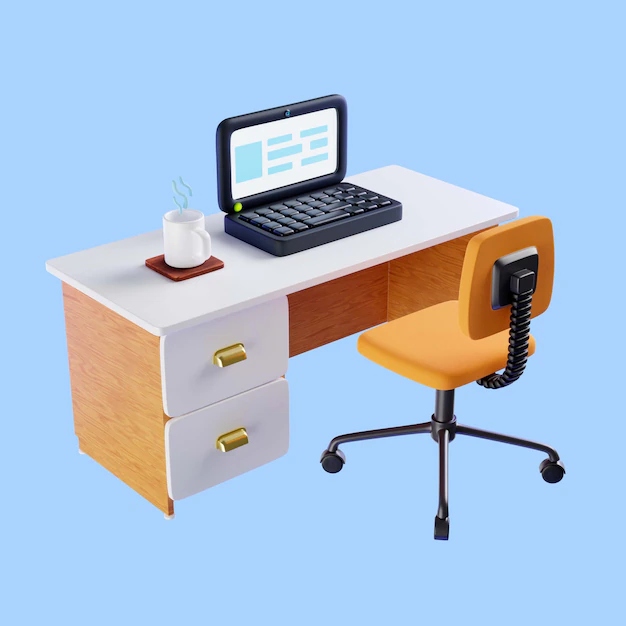 Free PSD | 3d illustration of desk with laptop and mug