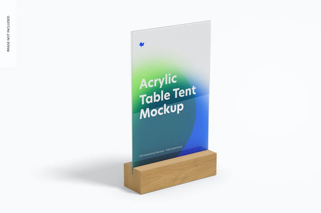 Free PSD | Acrylic table tent with wood base mockup
