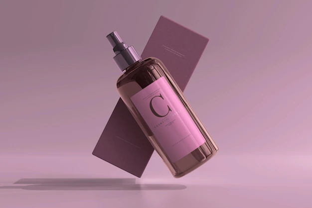 Free PSD | Amber glass cosmetic spray bottle and box mockup