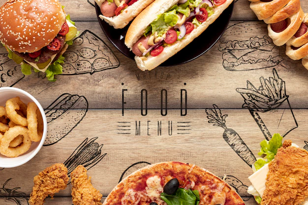 Free PSD | Arrangement of fast food on wooden background