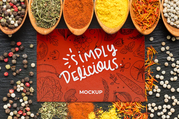 Free PSD | Arrangement of spices in spoons simply delicious mock-up