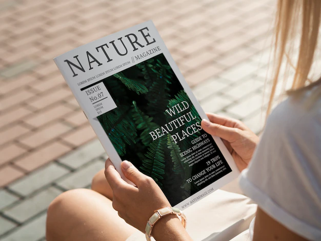Free PSD | Back view hands holding nature magazine mock up