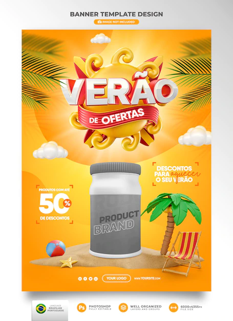 Free PSD | Banner summer of offers in brazil 3d render template for marketing campaign in portuguese