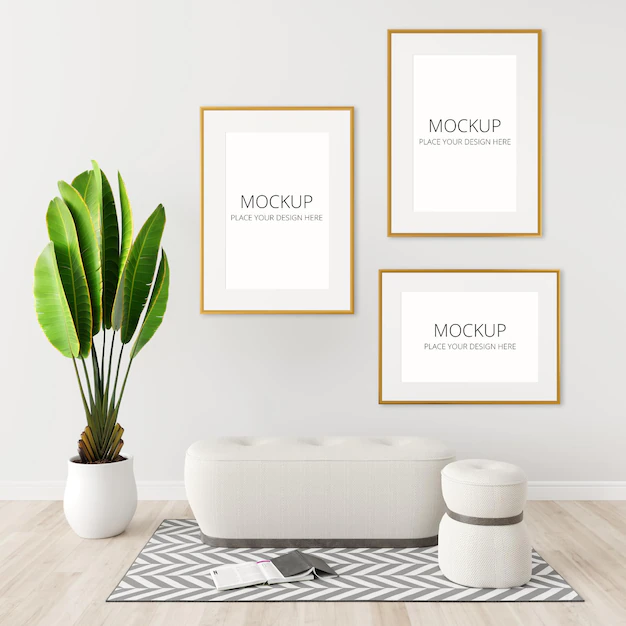 Free PSD | Bench in white living room with frame mockup