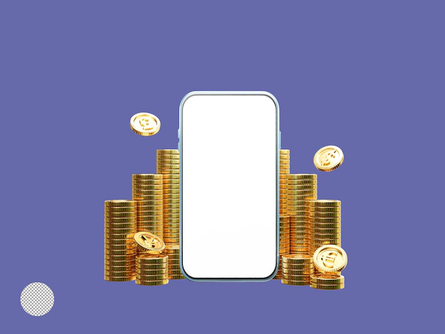 Free PSD | Blank screen of smartphone with golden coins stacking for money transfer and trading currency exchange by use technology concept by 3d render illustration