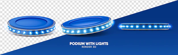 Free PSD | Blue podium 3d render with lights in multiple perspectives on transparent background