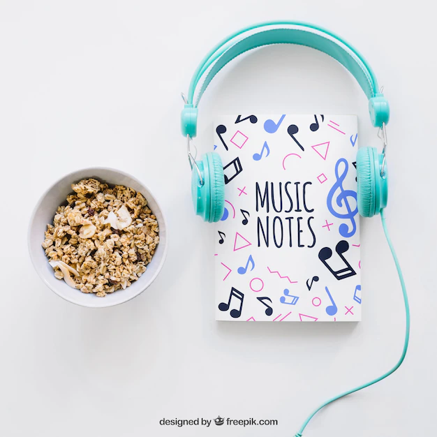 Free PSD | Book cover template with headphones and cereals