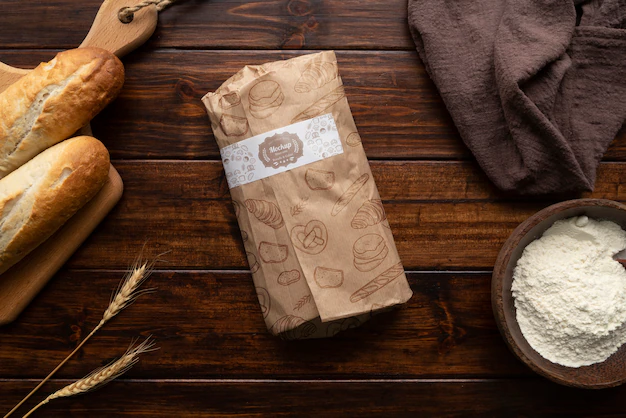 Free PSD | Bread bio packaging in real context mockup