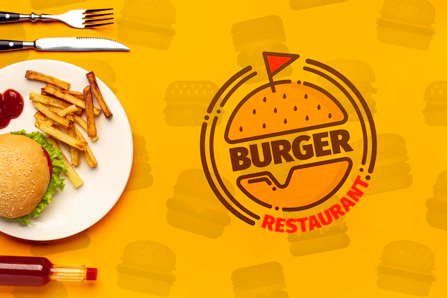 Free PSD | Burger restaurant and plate on fast food doodle background