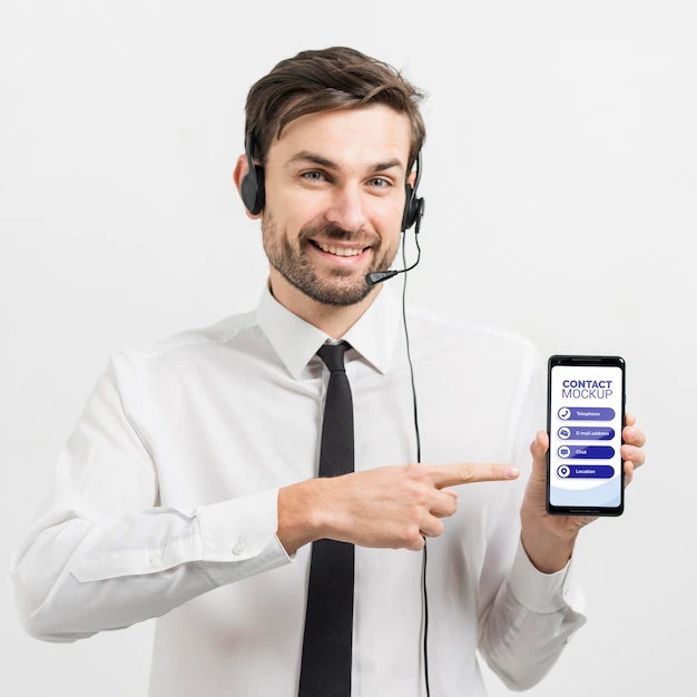 Free PSD | Call center operator showing mock-up mobile phone