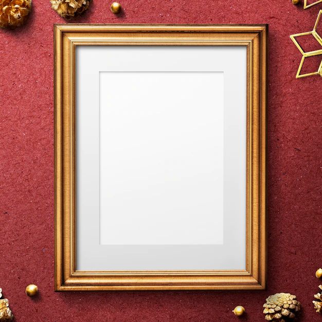 Free PSD | Classic gold frame mockup with christmas decorations