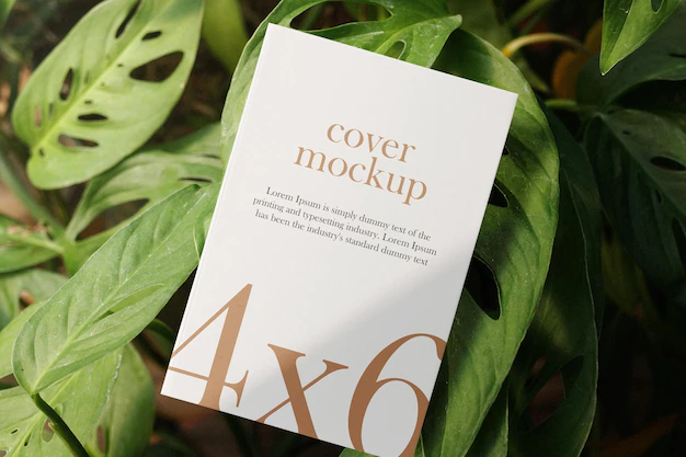 Free PSD | Clean minimal book 4x6 mockup floating on plant