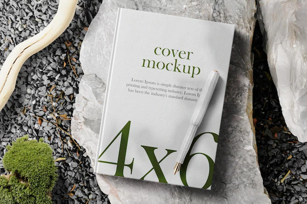 Free PSD | Clean minimal book 4x6 mockup on stone with moss and stick background