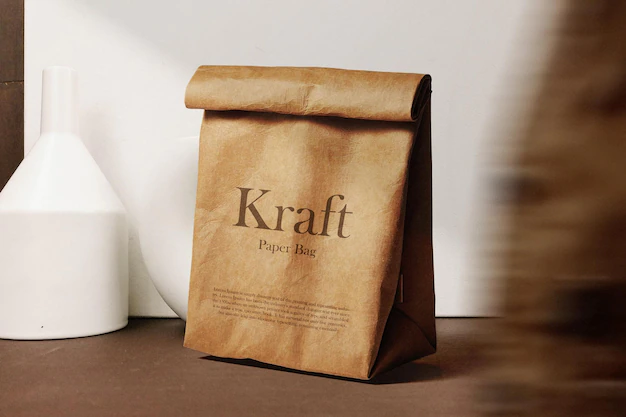 Free PSD | Clean minimal kraft paper bag mockup on background with object blur psd file
