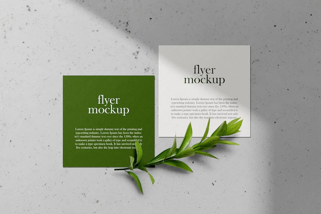 Free PSD | Clean minimal square flyer mockup on cement with leaves and shadow