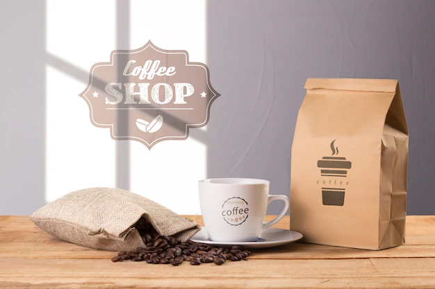 Free PSD | Coffee bag with cup beside