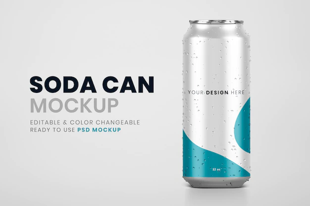 Free PSD | Cold soda can mockup psd, drink product branding