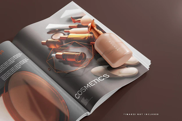 Free PSD | Cosmetic pump bottle and magazine mockup