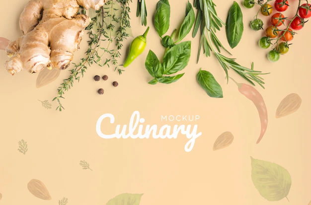 Free PSD | Culinary lettering mock-up with veggies and spices