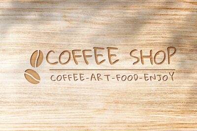Free PSD | Deboss logo mockup psd for cafe on wooden texture background