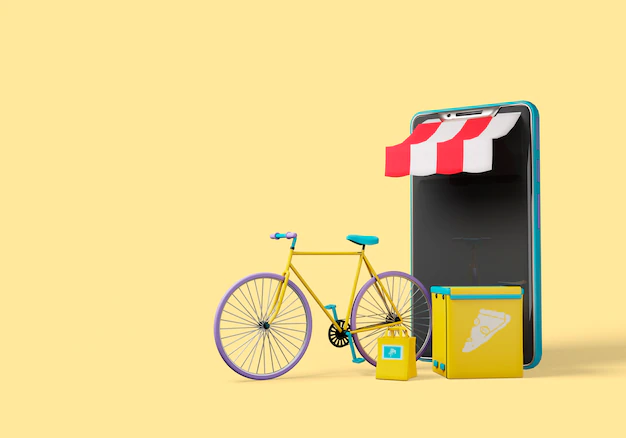 Free PSD | Delivery 3d illustration with bike and shop door