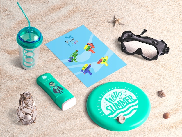 Free PSD | Editable isometric cover mockup with summer elements