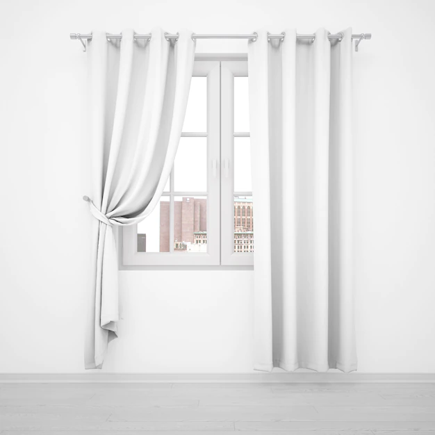 Free PSD | Elegant window with white curtains on white wall