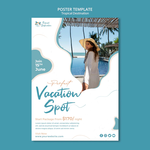 Free PSD | Flat design tropical destination poster design template